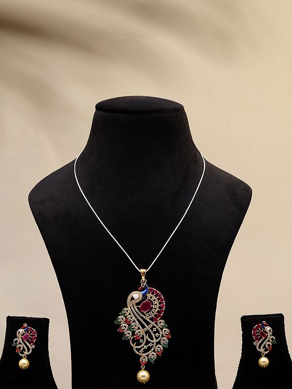Multicolor Peacock Pendant and Earrings Set with Pearl Drop