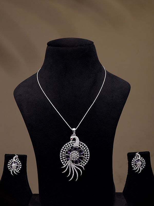 Purple and White Stone Studded Peacock Pendant Set with Earrings