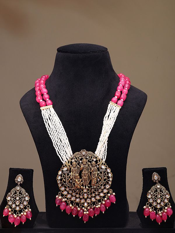 Multi Strand Ram Darbar Long Necklace Set with Beads Drop