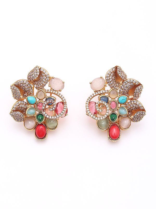 Designer Floral Earrings with Multicolor Stones