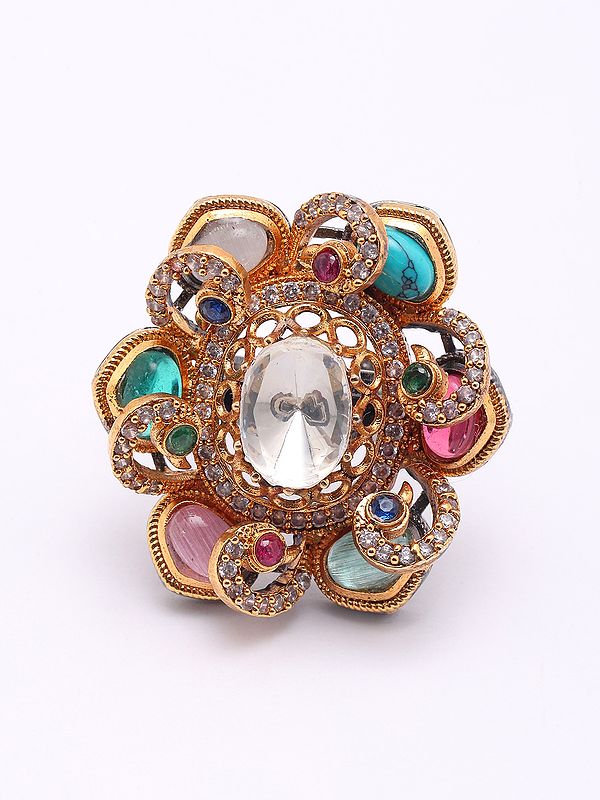 Adjustable Floral Design Ring with Multicolor Stone