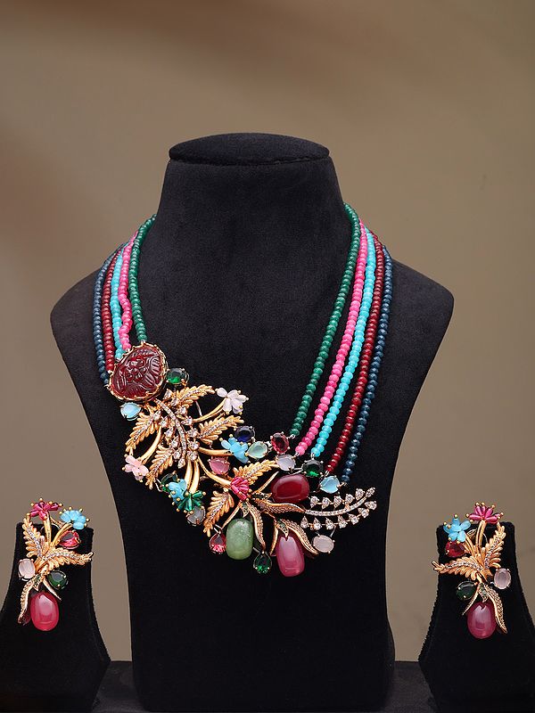 Multi Stone Studded Floral Design Necklace and Earrings Set with Five Strand