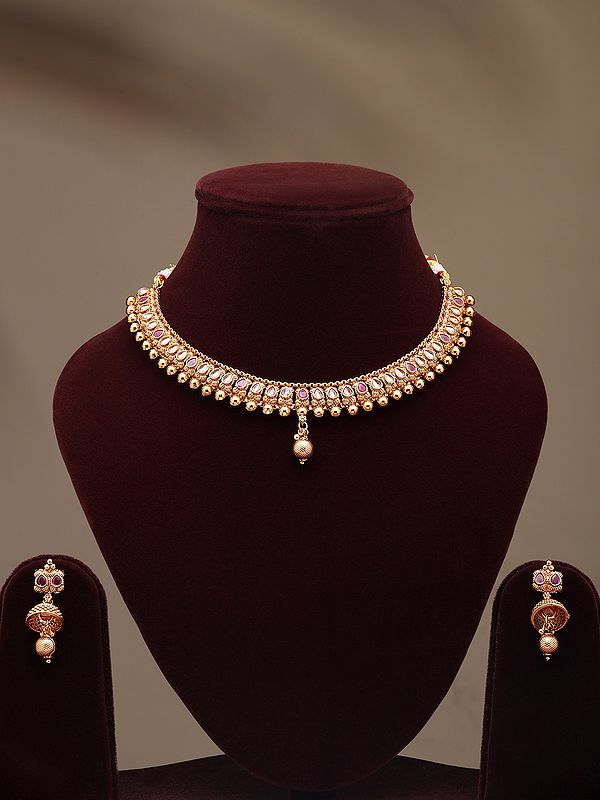 Pink and White Stone Studded Necklace and Earrings Set