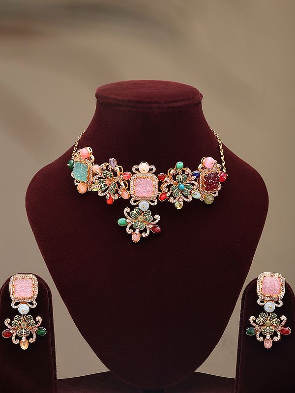 Floral Design Choker and Earrings Set with Multicolor Stones