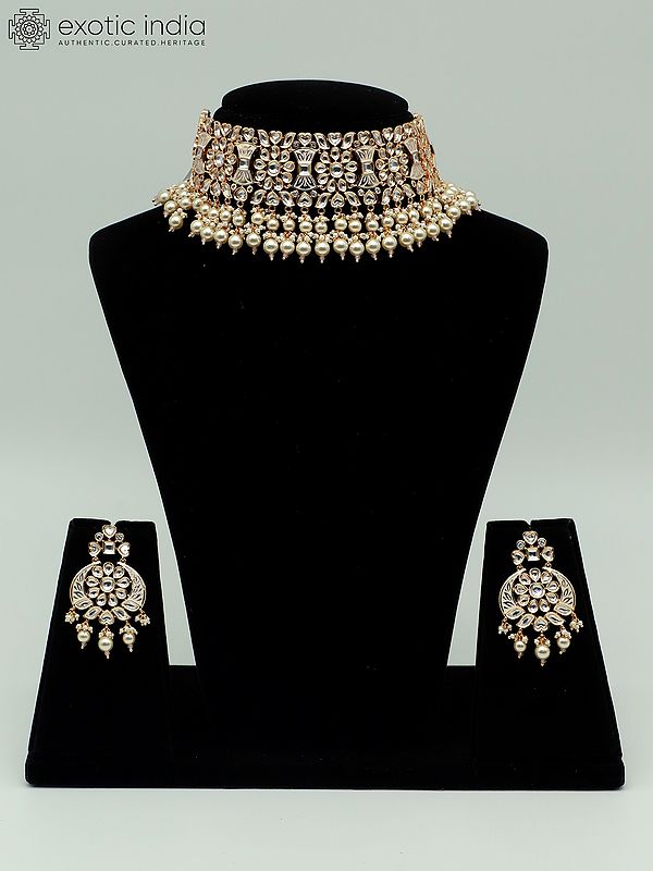 Traditional Meenakari Choker Set And Earrings For Bridal With Kundan And Brass