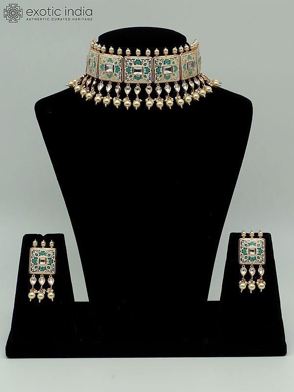 Studded Choker Set With Earrings And Drops Beads