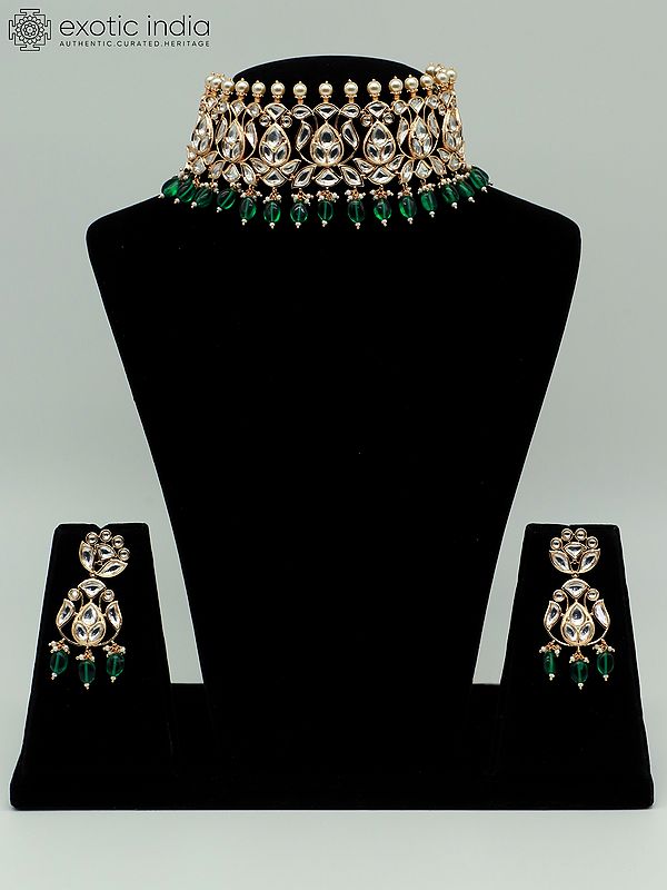 Women Choker Set With Earrings And Pearl Drop Beads