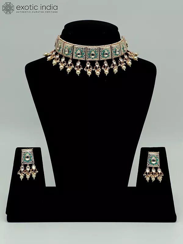 Flower Design Meenakari Choker Set With Drop Beads For Women