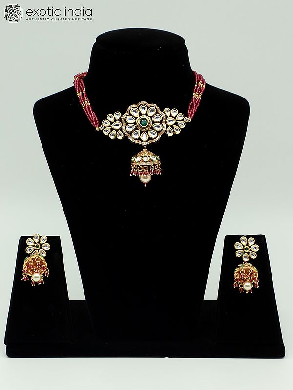 Floral Design Choker Set With Bandhai Dori And Earrings