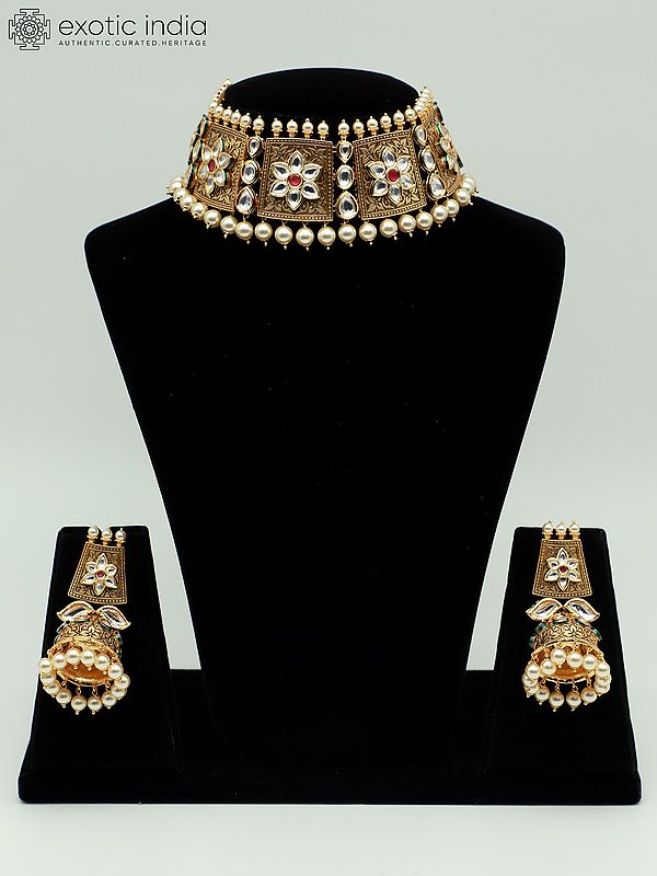 Elegant Brass Choker Set With Hanging Beads And Earrings