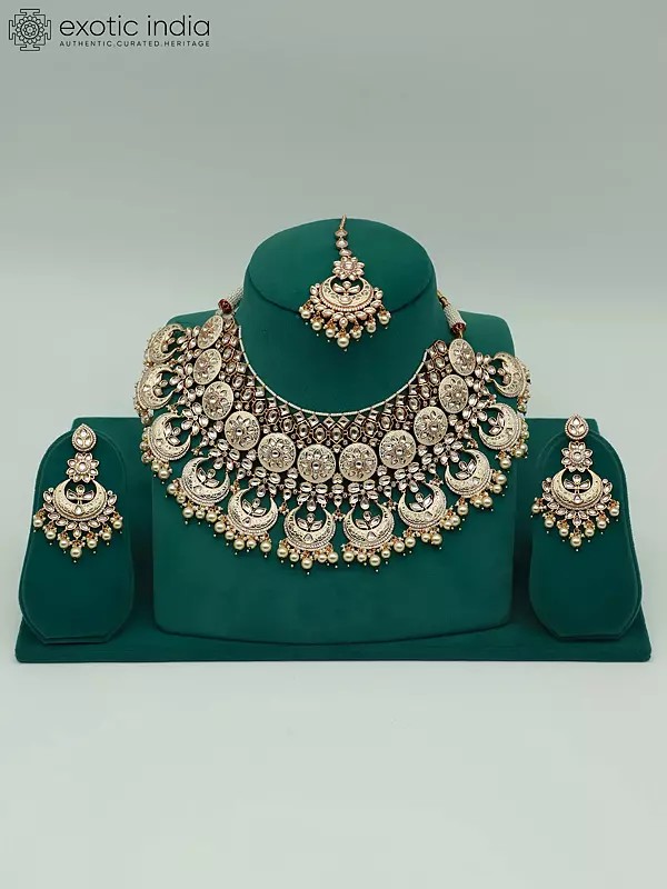 Designer Heavy Necklace Set For Bridal With Mangtika And Earrings