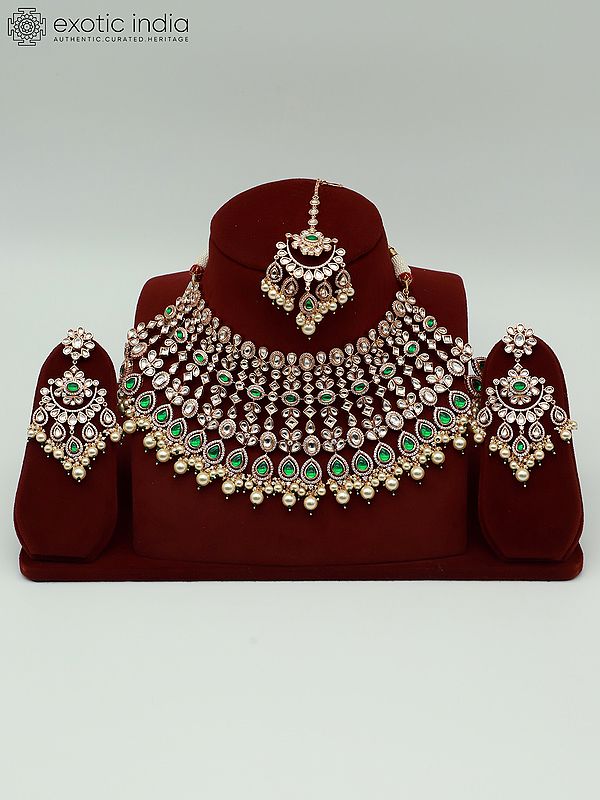 Designer Heavy Necklace Set In Brass For Wedding With Earrings And Mangtika