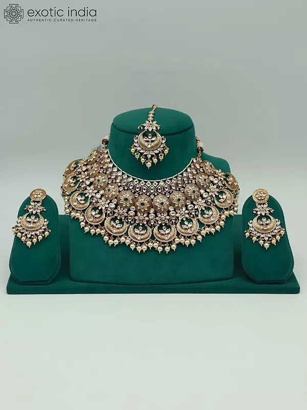 Kundan Heavy Necklace Set For Bridal With Earrings And Mangtika