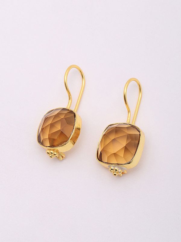 Square Shape Faceted Dark Citrine Hook Earrings