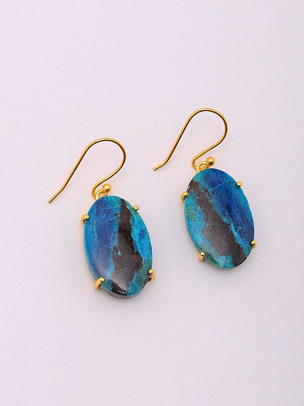 Oval Shape Chrysocolla Gemstone Hook Earrings