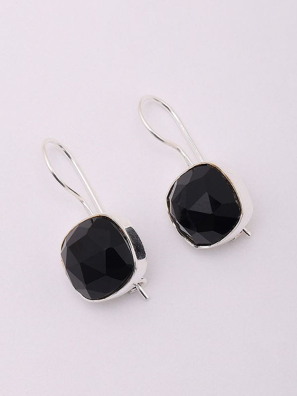 Faceted Square Shaped Black Onyx Earrings