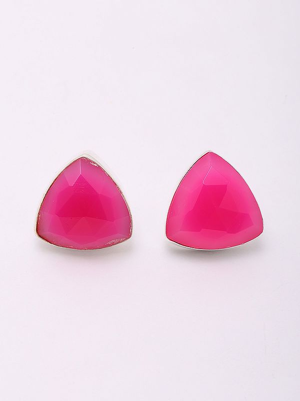 Triangular Shaped Pink Fuchsia Chalcedony Stud Earrings