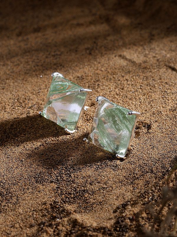 Square Shaped Aqua Crackle Gemstone Stud Earrings