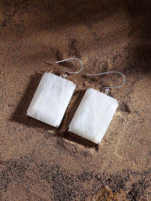 Rectangular Rainbow Moonstone Dangle Earrings