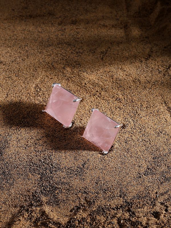 Square Shape Faceted Rose Quartz Stud Earrings