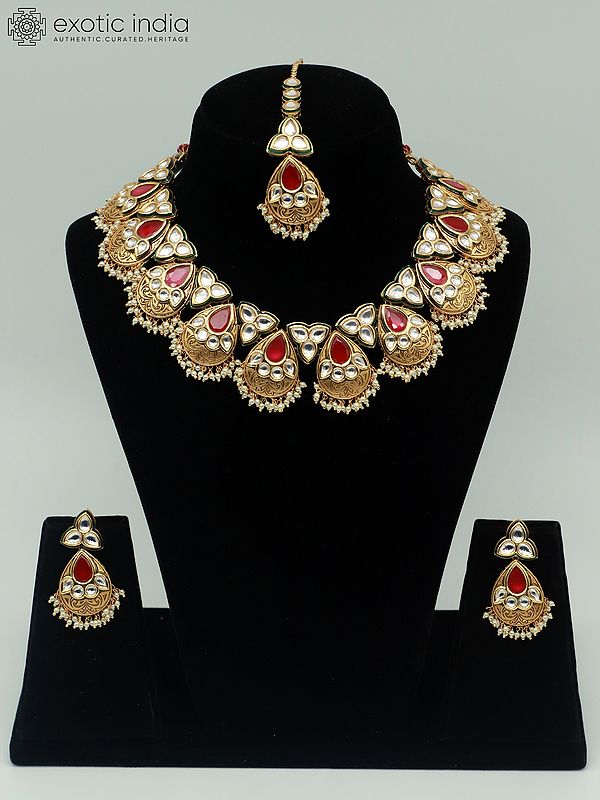 Traditional Brass Necklace Set With Kundan Mangtika And Earrings