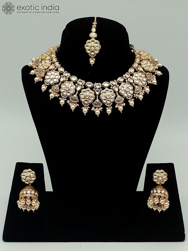 Traditional Necklace Set With Hanging Pearls And Earrings In Matte Finishing