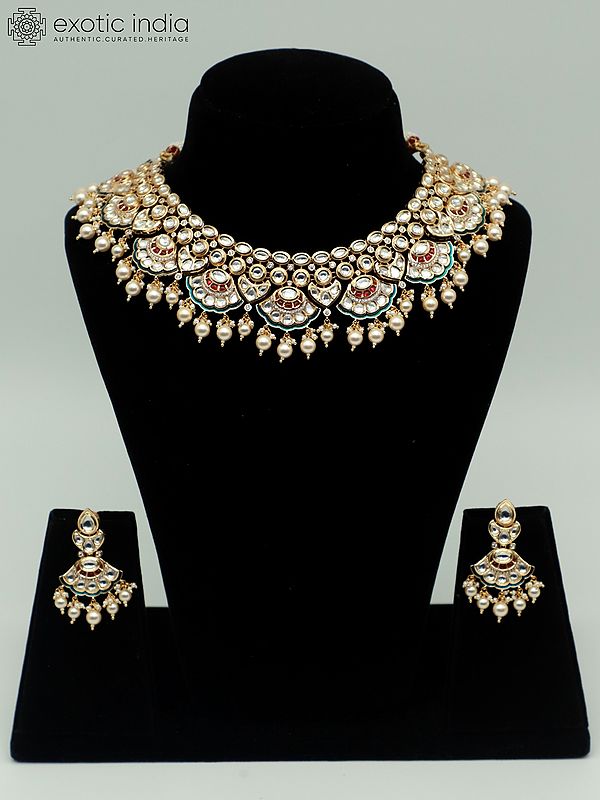 Hanging Beads Brass Necklace Set With Studded Kundan And Earrings