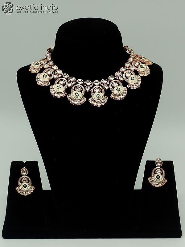 Floral Design Meenakari Necklace Set With Studded Kundan And Earrings