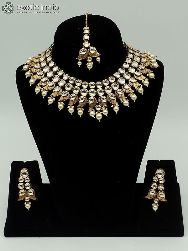 Triple Layered Brass Necklace Set With Hanging Beads And Earrings