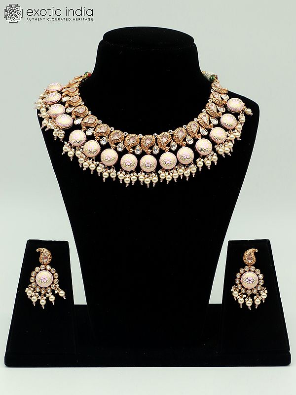Designer Meenakari Necklace Set In Brass With Kundan Stone And Earrings