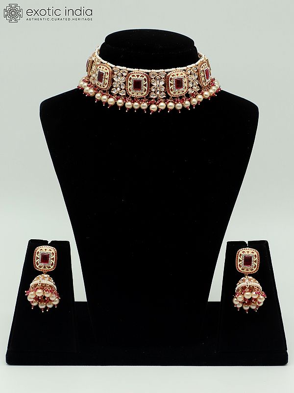 Kundan Studded Meenakari Choker Necklace With Beads And Earrings