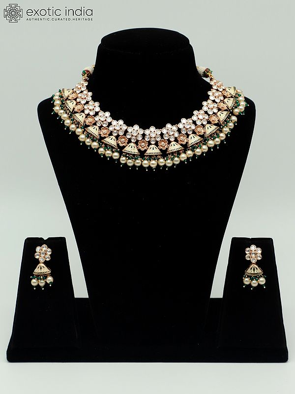 Floral Design Meenakari Brass Necklace Set With Beautiful Earrings