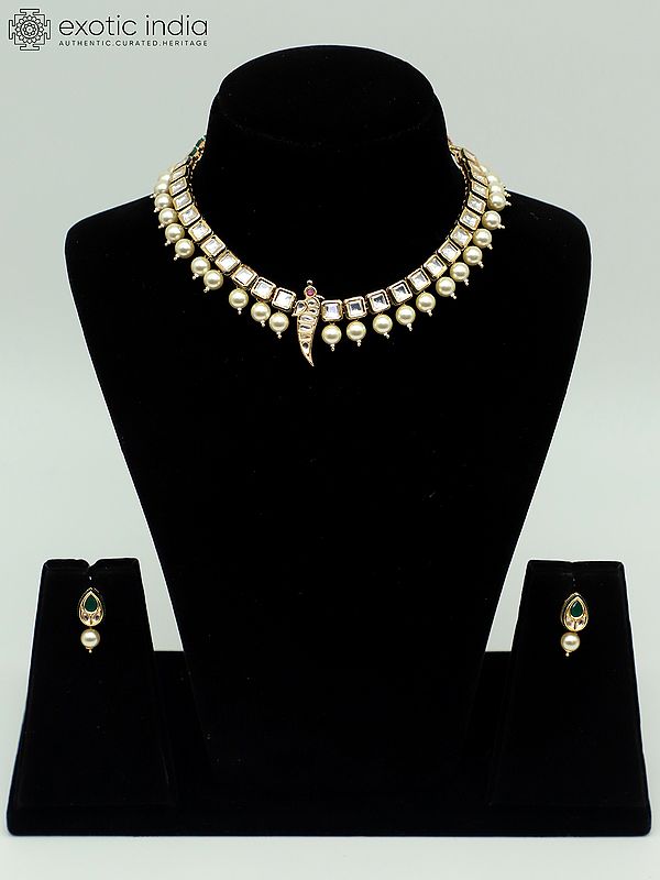 Kundan Studded Necklace Set In Light Weight With Drop Beads And Earrings