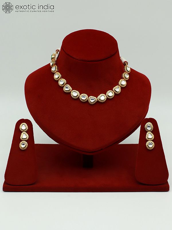 Kundan Studded Necklace Set For Wedding With Drop Beads And Earrings