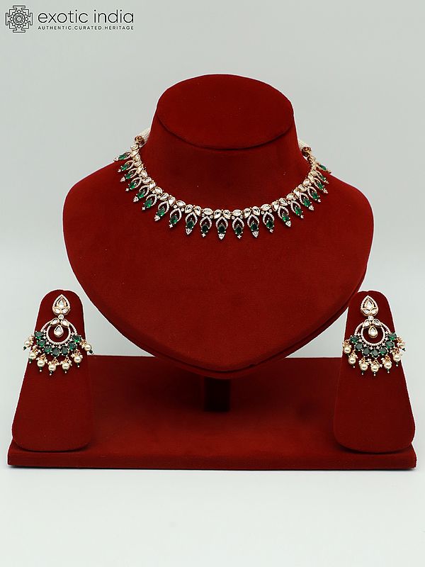 Trendy Light Necklace Set With Green Studded Kundan And Earrings