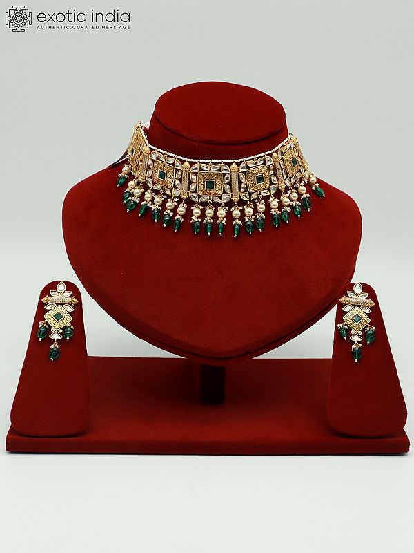 Beautiful Choker Necklace Set With Hanging Beads And Earrings In Brass