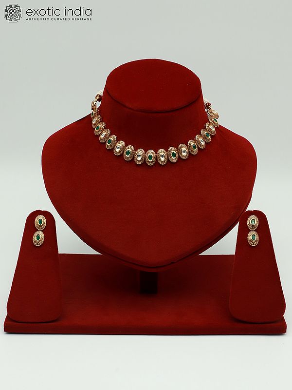 Oval Shape Brass Necklace Set With Kundan Studded Earrings