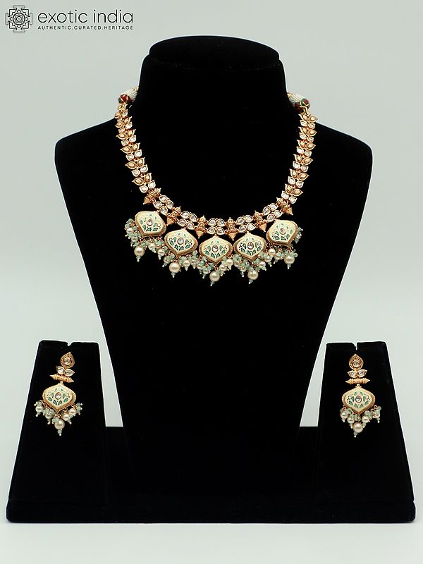 Meenakari Necklace Set In Leaf Design With Hanging Beads And Earrings