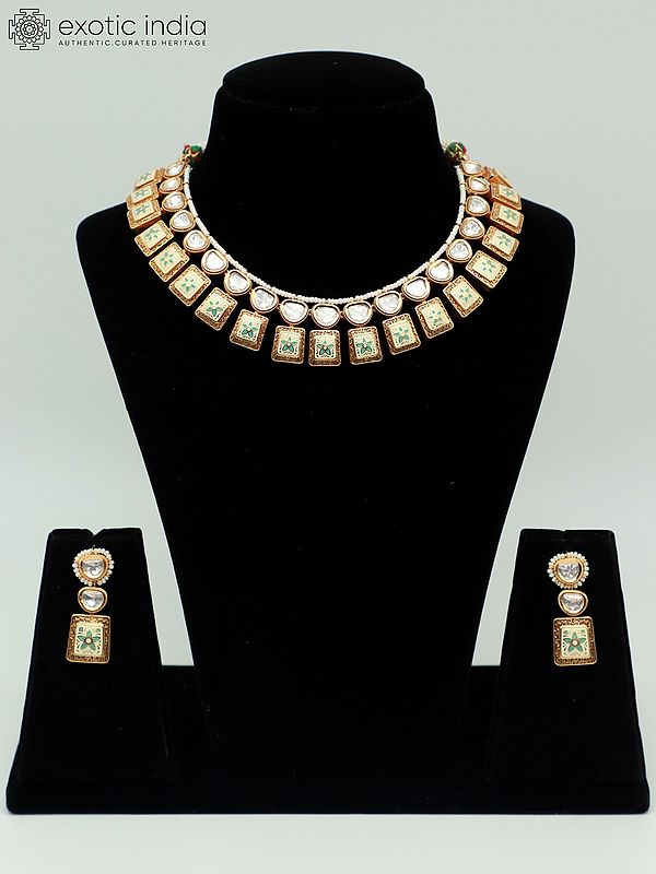 Square Shape Brass Necklace Set With Meenakari Carving And Earrings