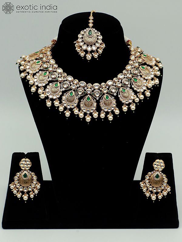 Designer Necklace Set With Hanging Beads Mangtika And Brass Carving Earrings