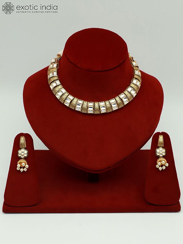 Hasli Look Brass Necklace Set With Attractive Carving And Earrings