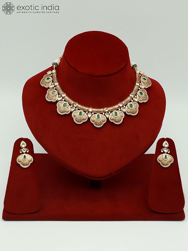Beautiful Brass Necklace Set With Studded Kundan And Earrings
