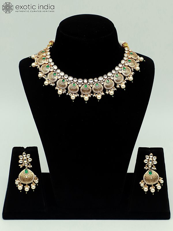 Premium Quality Kundan Stone Necklace Set With Beautiful Carving And Earrings