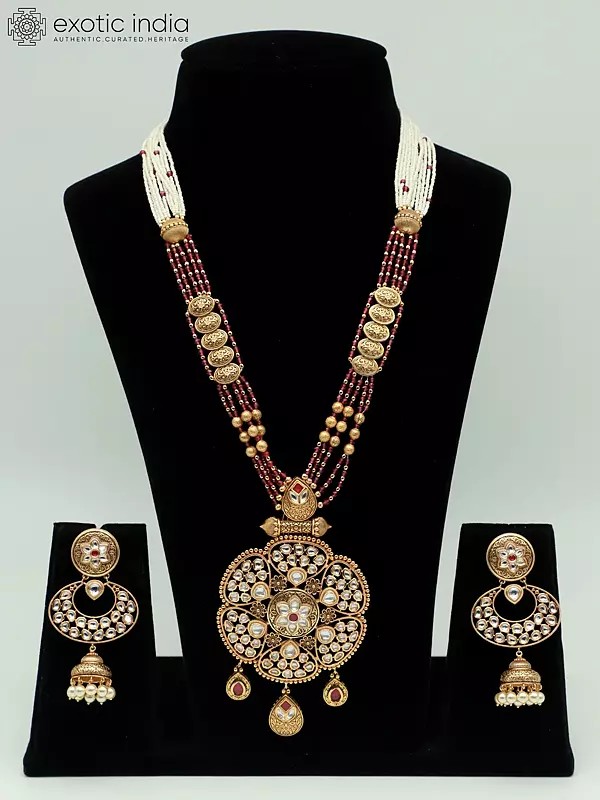Kundan Studded Bandhai Long Necklace Set With Earrings In Rajwadi Look