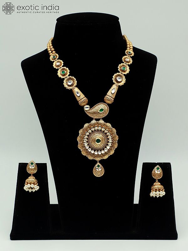 Brass Long Pendant Necklace Set In Premium Quality Kundan With Beads Earrings