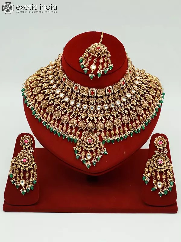 Heavy Bridal Necklace Set In Brass With Earrings And Mangtika