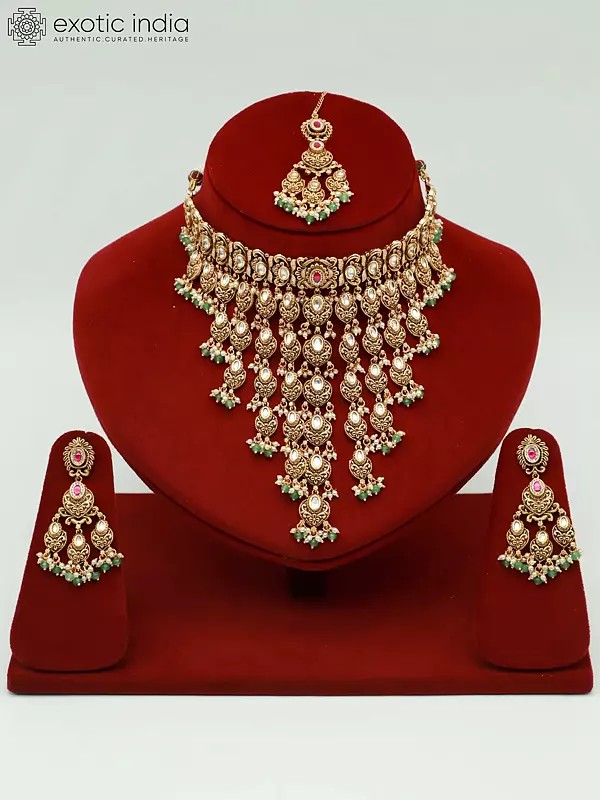 Traditional Premium Matte Necklace Set With Beautiful Mangtika And Earrings