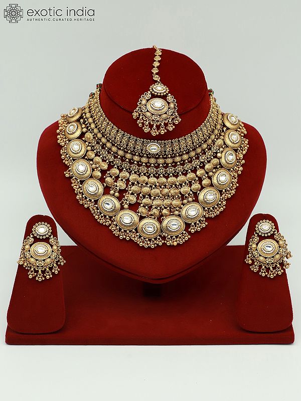 Heavy Brass Jewelry Set With Mangtika And Earrings For Bridal