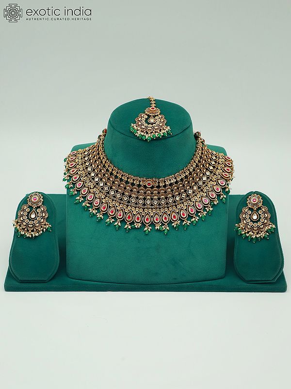 Beautiful Brass Necklace Set With Attractive Mangtika And Earrings
