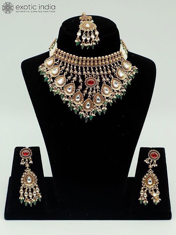 Designer Necklace Set For Bride With Hanging Beads Mangtika And Earrings